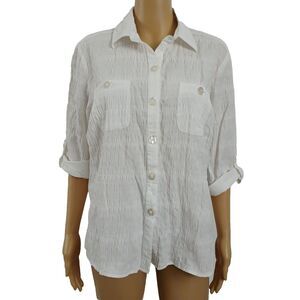 Baxter & Wells Women's P/L White Gauzy Button Up Collard Roll tab Sleeves Shirt